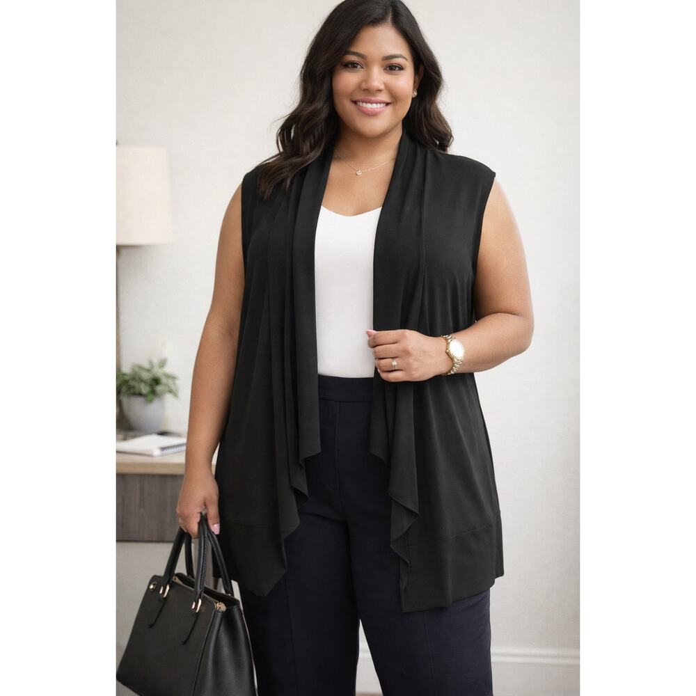 Liz Claiborne Black Draped Open Front Cardigan Vest 2X Stretch Lightweight